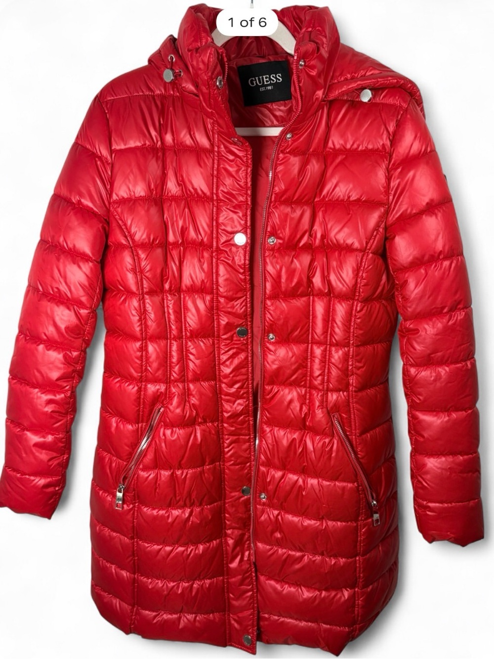 GUESS Red Quilted Long Puffer Coat with Hood